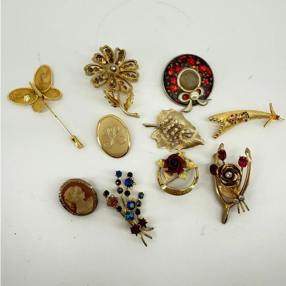 Vintage Brooch Lot 10 Rhinestone Floral Cameo Butterfly Gold Costume Jewelry